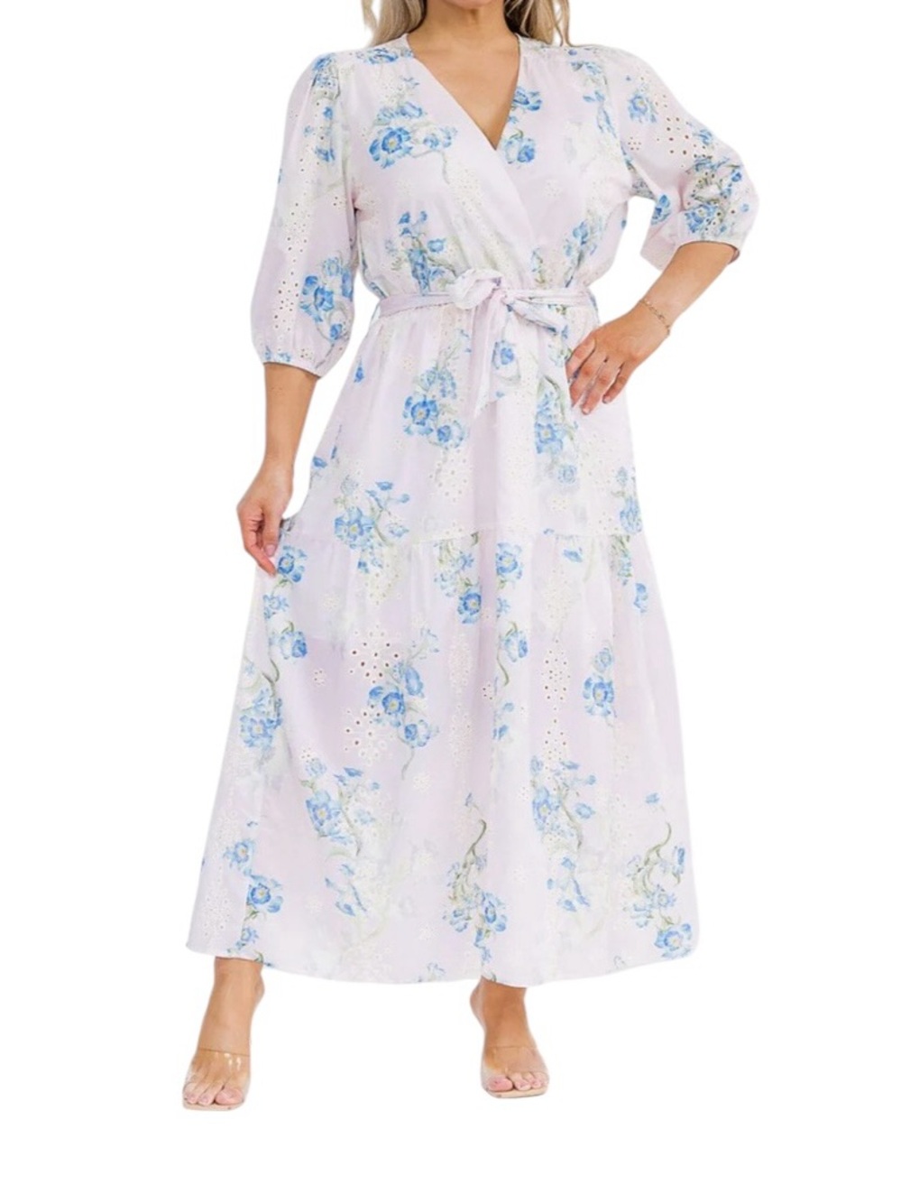 Eyelet Pastel Floral Soft Lightweight Plus Maxi Dress